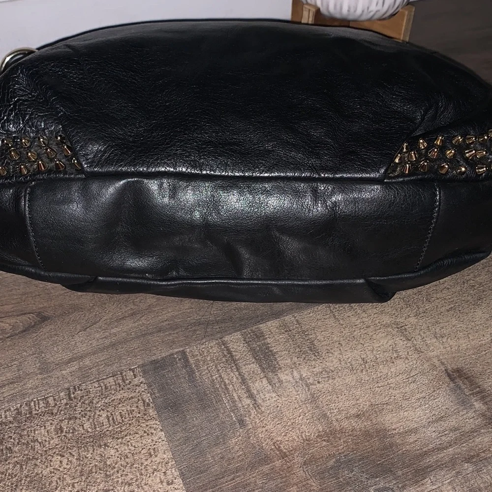 REBECCA MINKOFF BLACK LEATHER GOLD STUDDED HANDBAG - Picture 10 of 10